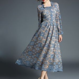 Blue Floral-Lace Button-Front Midi Dress